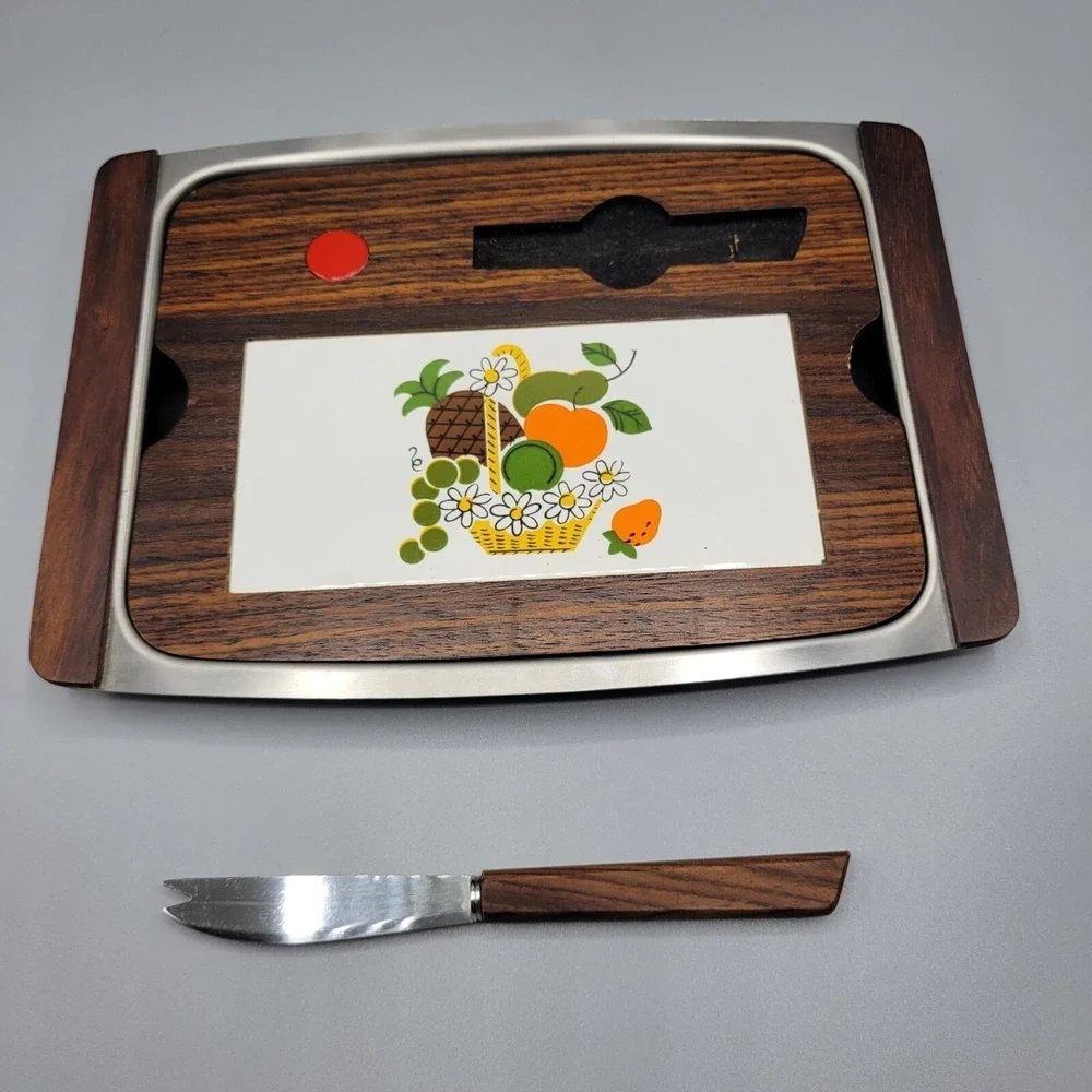 MCM Vintage Wood & Tile Removeable Cheeseboard w/ Tray & Knife in Box Japan